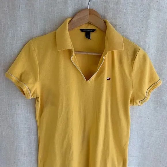 Tommy Hilfiger Womens Logo Polo Top Size L Yellow Tennis Prep Old Money Y2K Golf - Picture 3 of 15